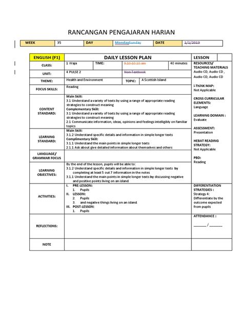 Rancangan Pengajaran Harian Daily Lesson Plan Pdf Lesson Plan