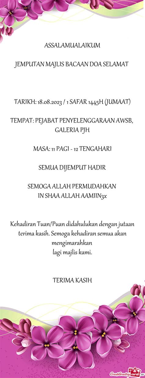 Kad Jemputan Majlis Doa Selamat Contoh Surat Jemputan Bacaan Doa