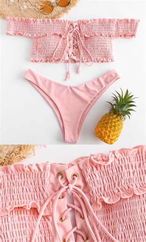 Sweet Pink ZAFUL Shirred Lace Up Off The Shoulder Bikini Bathing Suit