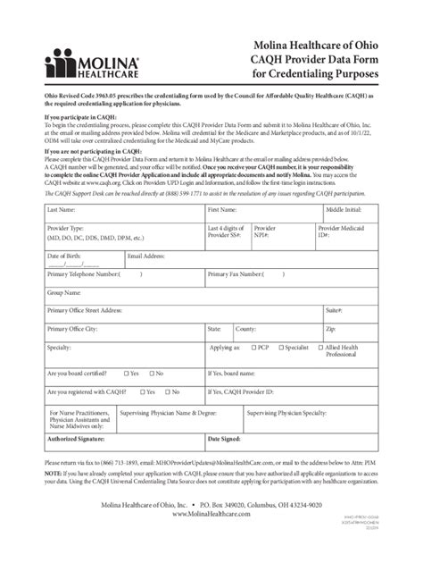 Fillable Online Molina Healthcare Of Ohio Caqh Provider Data Form For