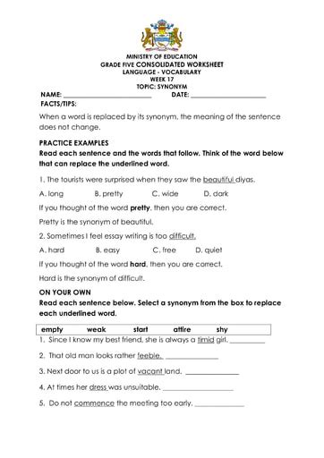 Grade 5 English Language Vocabulary Week 17 2022 Consolidated Worksheets Library