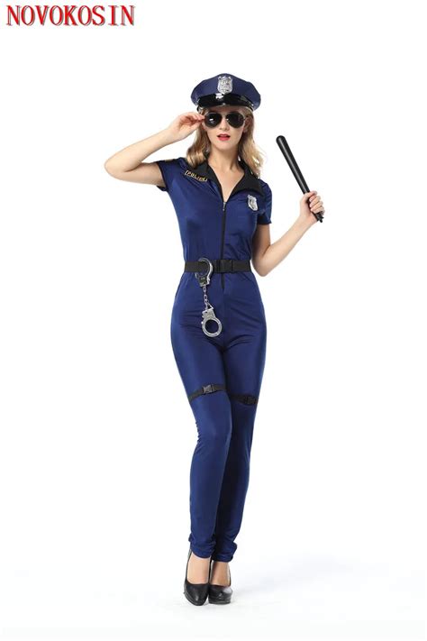 Qy123 2018 Lady Sleeveless Policewomen Jumpsuit Fancy Halloween Rompers