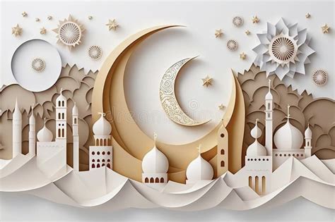 Paper Art Mosque And Crescent Islamic Moon Ramadan Concept Stock