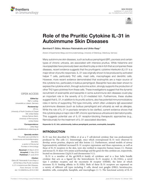 Pdf Role Of The Pruritic Cytokine Il 31 In Autoimmune Skin Diseases