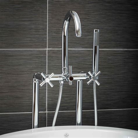 Contemporary Floor Mount Tub Filler Faucet in Chrome with Cross Handles ...