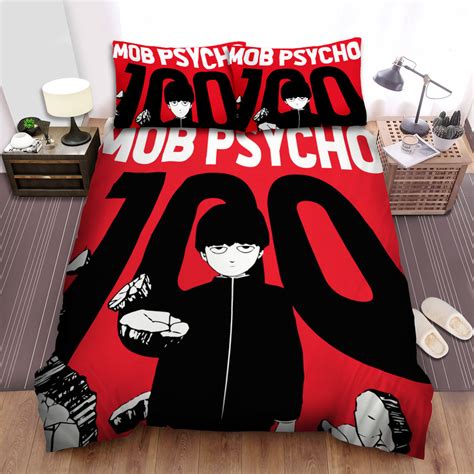 Mob Psycho 100 Mob In Black And White With Red Background Bed Sheets