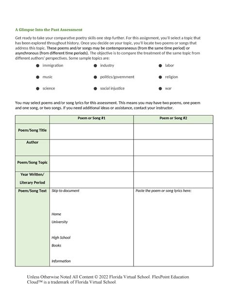 A Glimpse Into The Past Assess Rubric A Glimpse Into The Past