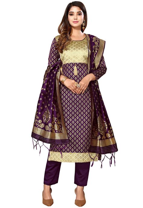 Woven Art Silk Jacquard Pakistani Suit In Purple KJC2579