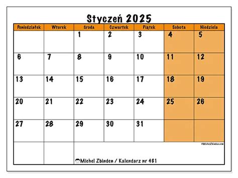 Kalendarze Styczeń 2025 Michel Zbinden PL