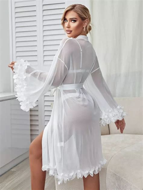 Appliques Trumpet Sleeve Belted Mesh Sleep Robe Without Lingerie Set