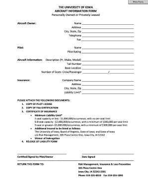 Fillable Online Uiowa The University Of Iowa Aircraft Information Form