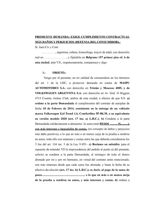 Demanda Modelo PROMUEVE DEMANDA EXIGE CUMPLIMIENTO CONTRACTUAL MÁS