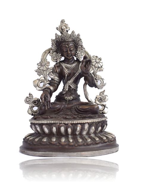 Buddhist Statue Of White Tara On Double Lotus Base Silver Plated