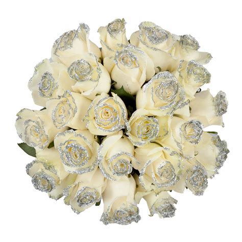 White Roses With Silver Glitter Premium Wholesale Flowers Free