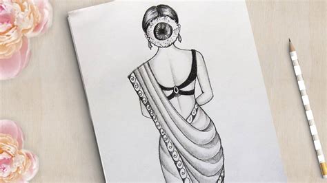 How To Draw A Gorgeous Traditional Girl With Saree Saree Drawing Gir In 2020 Girly