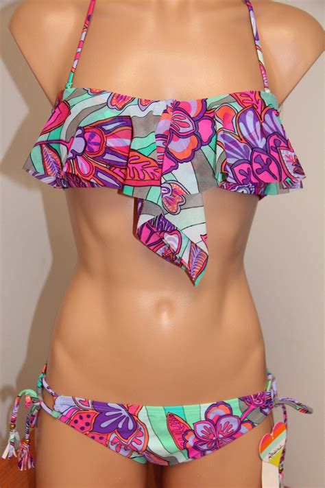 Nwt Raisins Swimsuit Bikini Pc Set Sz M Flounce Bandeau Aqua Adj Sides