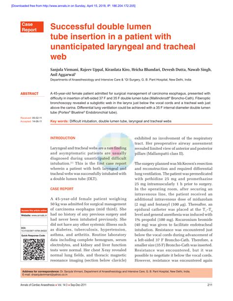 Pdf Successful Double Lumen Tube Insertion In A Patient With