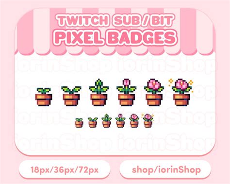 Pink Flower Pot Plant Badges Twitch Sub Loyalty Bit Pixel Art Cute