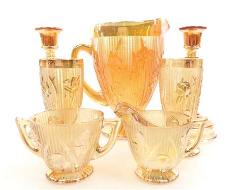 Lot Carnival Glass Footed Cups Pitcher Platter