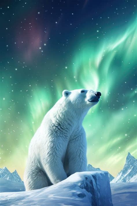 White Bear Stand On A Glacier With Northern Lights Aurora Borealis