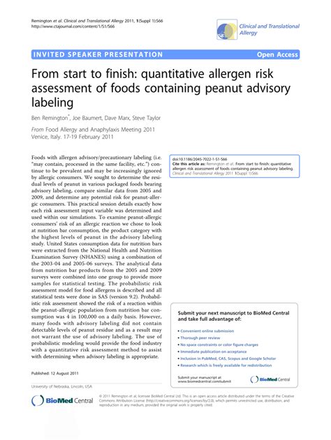 PDF From Start To Finish Quantitative Allergen Risk Assessment Of