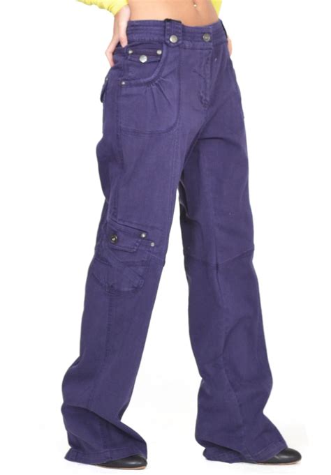 New Womens Purple Baggy Loose Cargo Pants Wide Boyfriend Combat