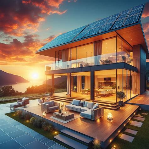 Premium Photo | Beautiful modern home with solar panels sunset setting