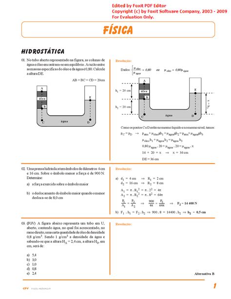 Exercicios Hidrostatica - Exercícios de Hidrostatica resolvidos | Exercícios Hidráulica | Docsity