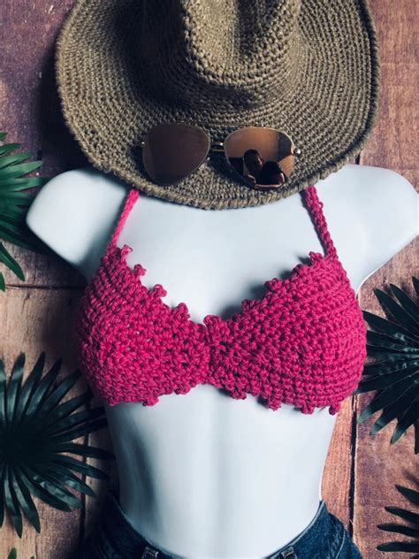 Hot Pink Handmade Crochet Bikini Top Festival Top Crochet Crop Top Cotton Bikini Top