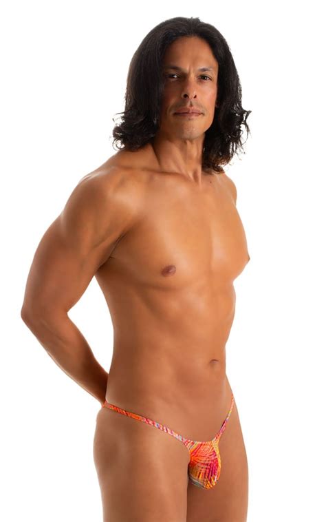 Micro Pouch Mens Bikini Swimsuit In Tan Through Orange Jungle