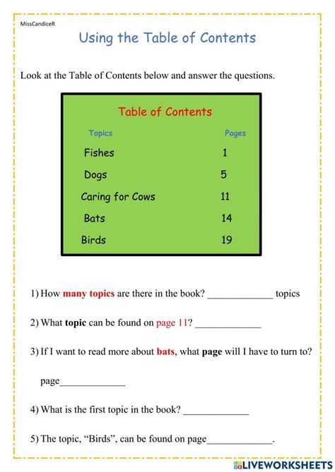 Table Of Contents Online Worksheet Live Worksheets Worksheets Library