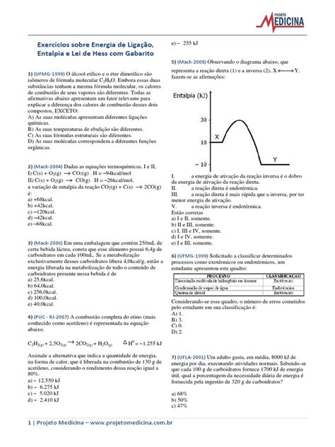 Quimica Termoquimica Entalpia Lei de Hess Energia de Ligacao Exercicios ...