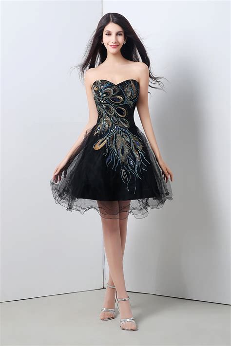 A Line Sweetheart Short Mini Black Tulle Peacock Applique Prom Dress