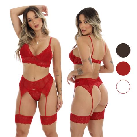 Conjunto Sexy De Renda Calcinha E Suti Cinta Liga Lingerie Sensual