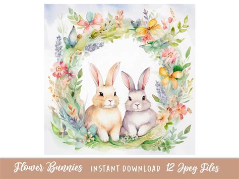 Bunnies With Flower Wreaths Clipart 12 High Quality Jpgs Etsy