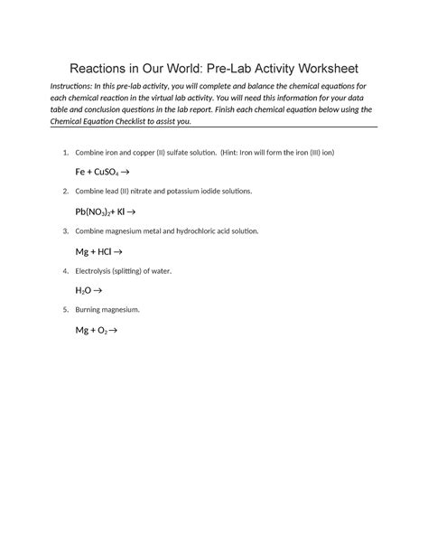04 06 Reactions In Our World Reactions In Our World Pre Lab Activity