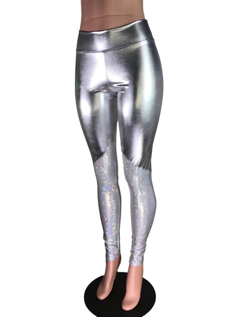 Metallic Silver And Shattered Glass Mid Rise Leggings Pants Etsy