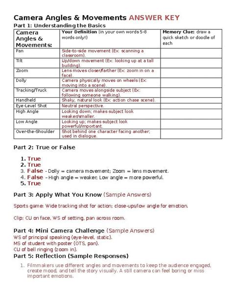 camera angles movements worksheet  emilykscales designs tpt