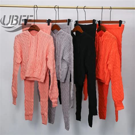 Autumn Sweater Solid Color 2 Piece Sets Knitted Cropped Long Sleeves Skinny Sets Ladies Winter ...