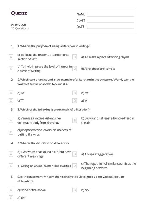 Alliteration Worksheets On Quizizz Free Printable