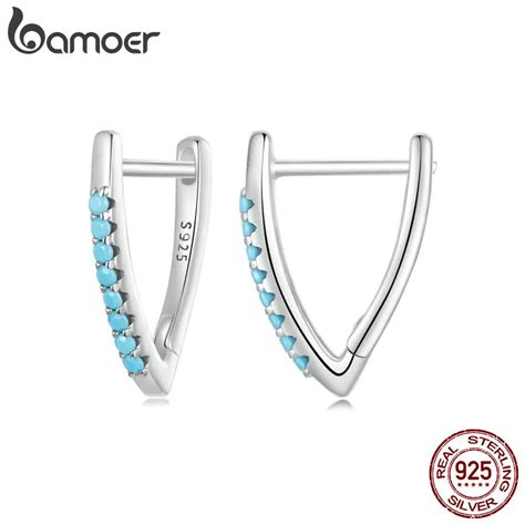 Bamoer Sterling Silver V Shape Ear Buckles Turquoise Hoop Earrings