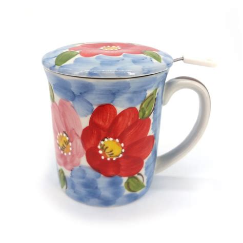 Taza De T Japonesa De Cer Mica Con Tapa Y Filtro Motivos Florales