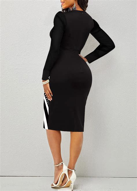 Rotita Split Geometric Print Black Long Sleeve Bodycon Dress Rotita