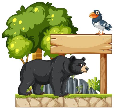 Premium Vector | Bear and bird with wooden sign