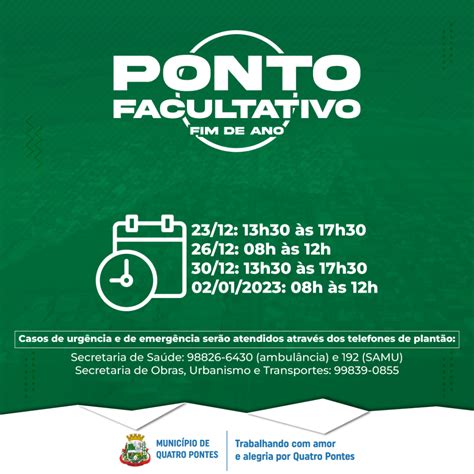 Prefeitura de Quatro Pontes fará ponto facultativo nos dias 30 e 02