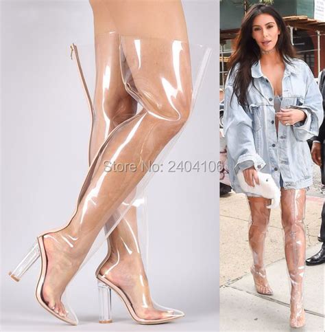 2018 Kim Kardashian PVC Rain Botas Black Nude Clear Thigh High Boots