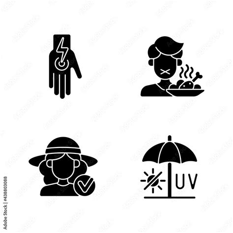 Sunstroke And Sunburn Black Glyph Icons Set On White Space Heatstroke