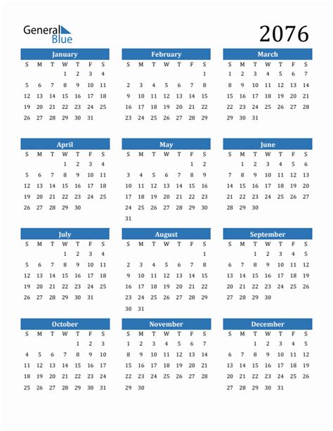 Free 2076 Calendars in PDF, Word, Excel