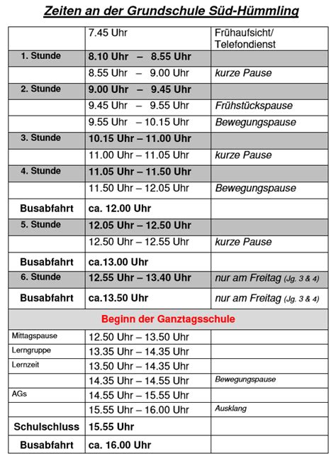 Schulzeiten Grundschule Süd Hümmling