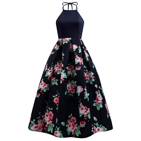 Halter Floral Print A Line Long Prom Dress Formal Long Cutout Dress Vintage Long Dress